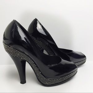Burberry Patent Leather Studded Peeptoe Pumps